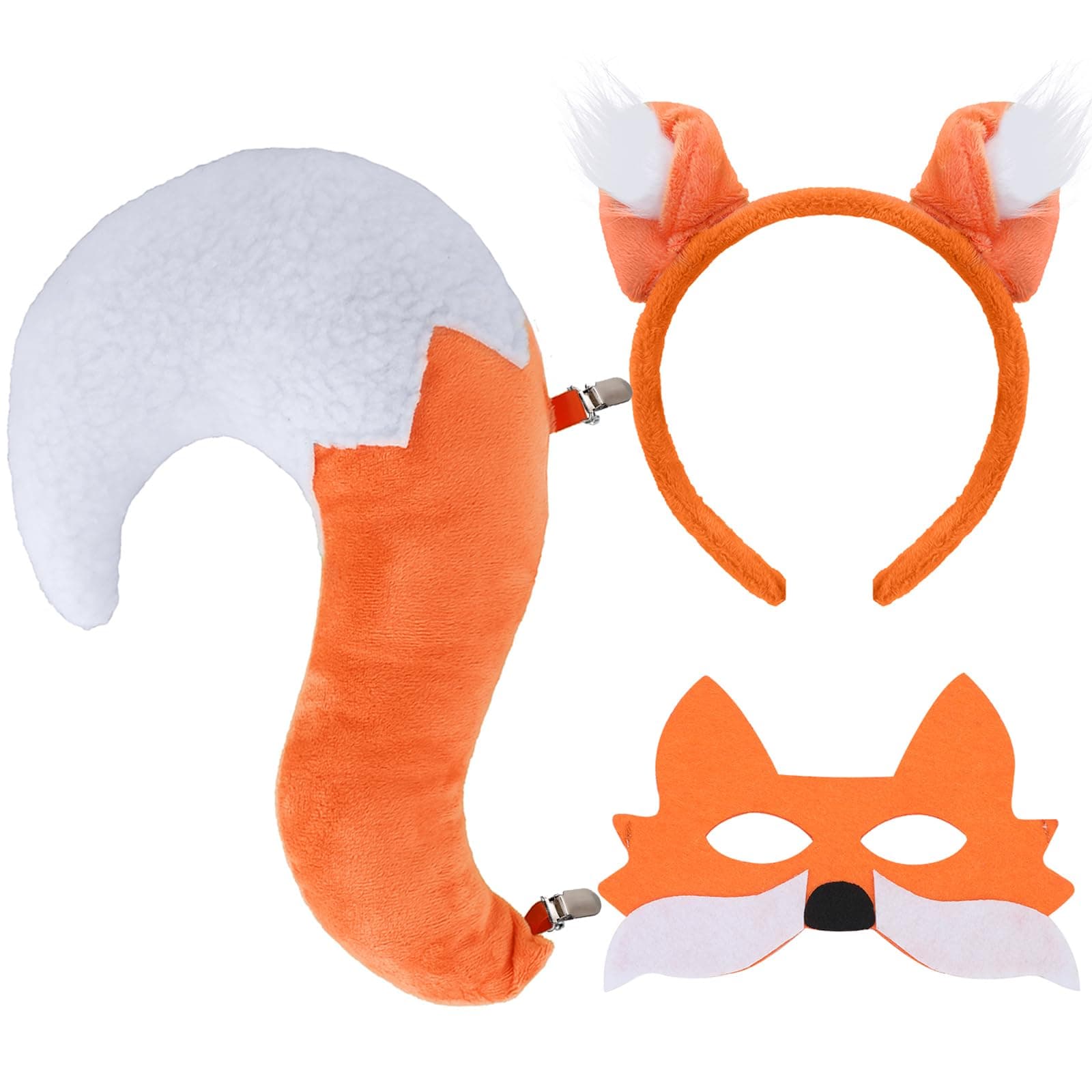 XEPST Animal Fox Costume Set, Fox Ears and Tail Set with Headband Tail and Mask for Animal Costume Cosplay World Book Day Birthday Party Accessories Halloween Costume Fancy Dress Party Supplies