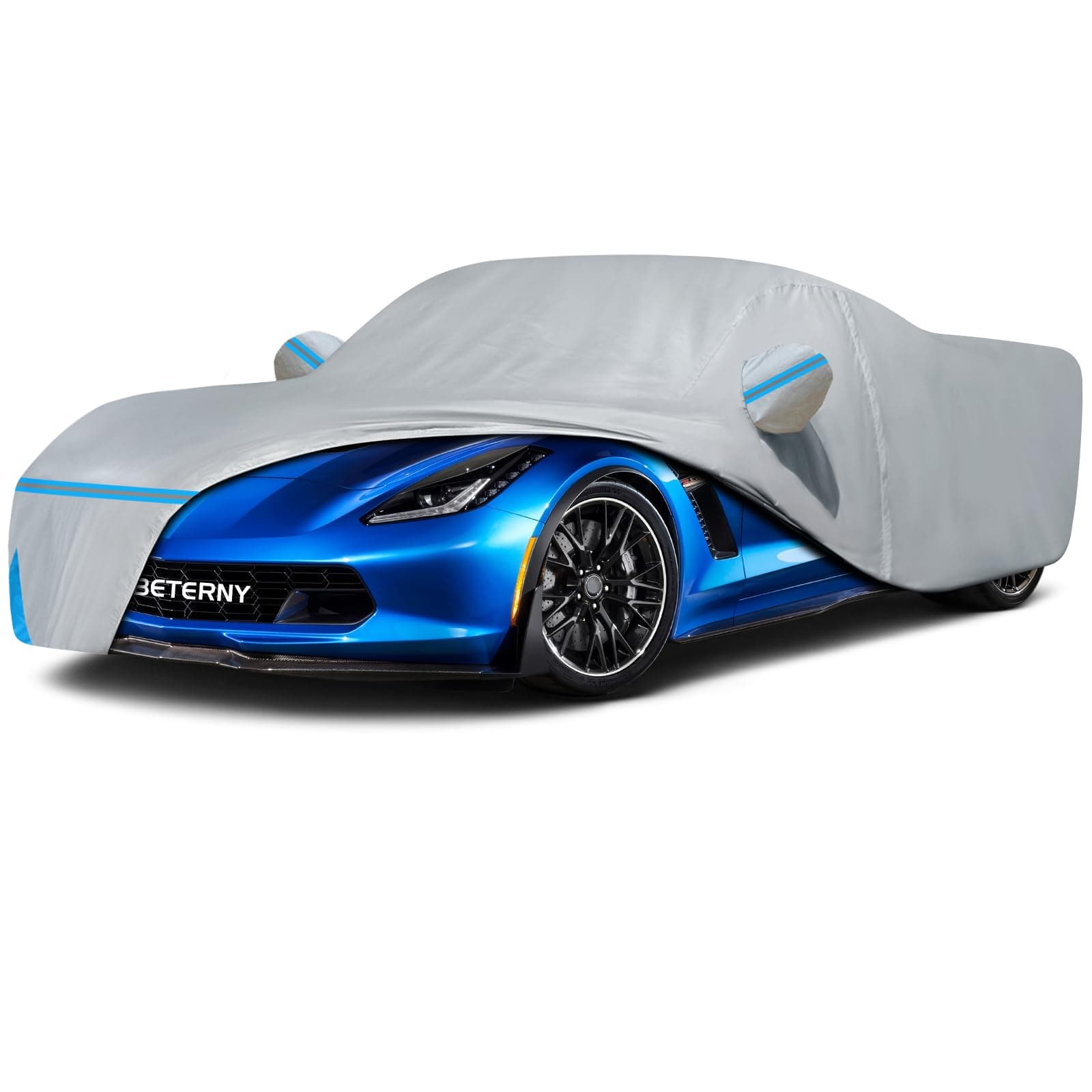 Car Cover for 2014-2019 Corvette C7 Stingray, Waterproof Custom-fit Sun Rain Dust Snow All Weather Protection Outdoor C7 Full Car Cover with Door Zipper and Cotton Lining-Grey