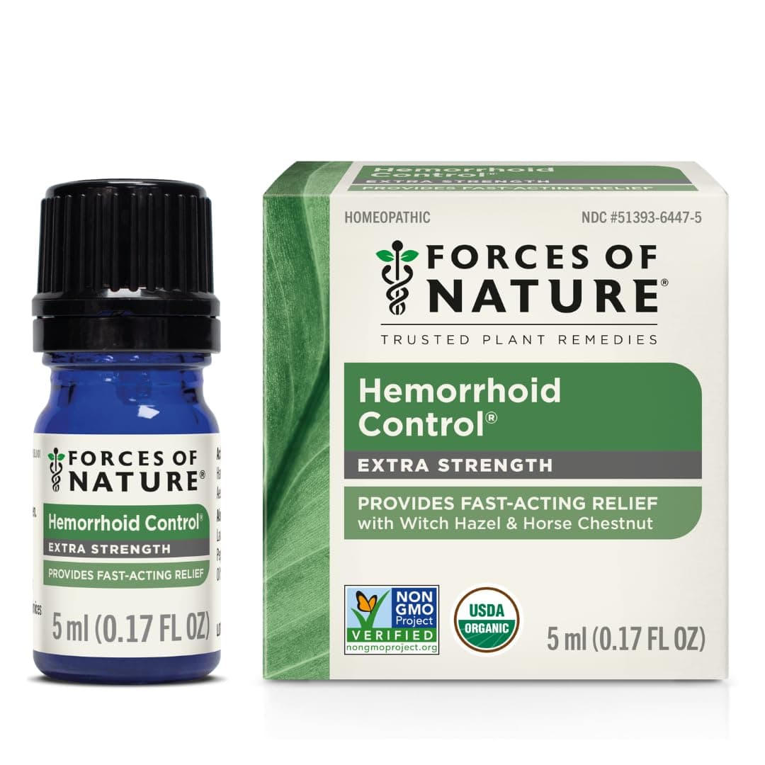 - Forces of Nature Hemorrhoid Control Extra Strength, Organic Homeopathic Medicine with Witch Hazel, Horse Chestnut, and Soothing Essential Oils for Itching, Swelling & Discomfort, 5ml (0.17 fl oz)