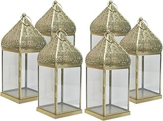 Serene Spaces Living 12" Moroccan Lantern, Gold Ornate Candle Lantern, Vintage Candle Holder, Table Centerpiece, Decorative Candle Lantern Holders for Indian-Inspired Wedding, Eid, Ramadan, Pack of 6