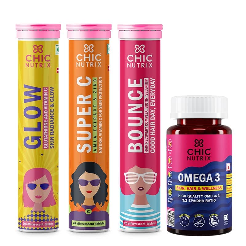 Chicnutrix Beauty Nutrition Combo-bounce + Super C + Glow + Mighty Omega for Flawless Glow & Gorgeous Thick Hair - By Chicnutrix