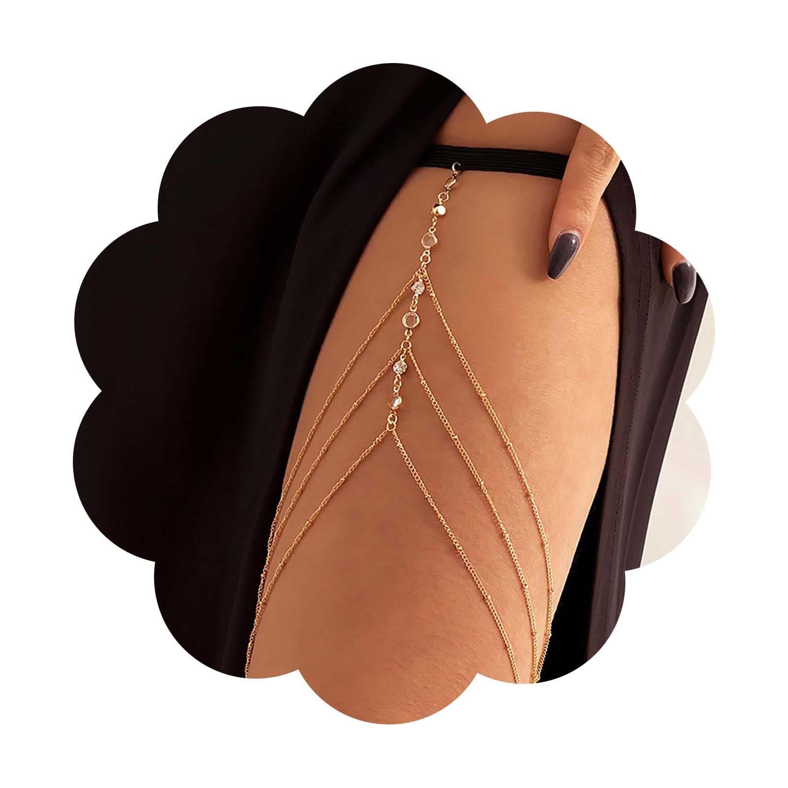 Boho Crystal Bead Leg Chain - Gold CZ and Black Elastic Thigh Chain - Rhinestone Body Jewelry for Women and Girls