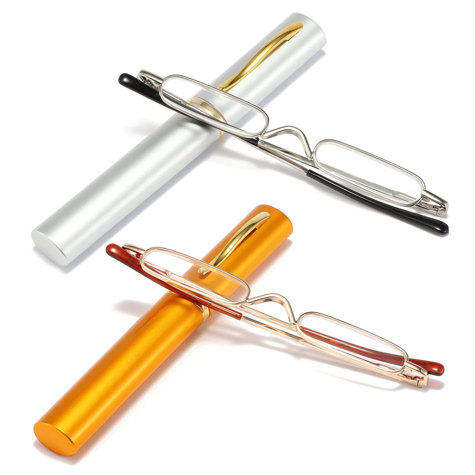 MMOWW2 Pair Mini Compact Reading Glasses for Men Women - Superlight Metal Pocket Readers with Portable Pen Cases