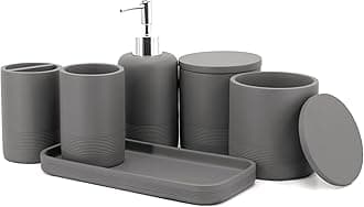 zcczGrey Bathroom Accessories Set 6 Pcs - Toothbrush Holder, Lotion Soap Dispenser, 2 Qtip Holder Dispenser, Vanity Tray, Bathroom Tumbler - Decorative Countertop Vanity Organizer