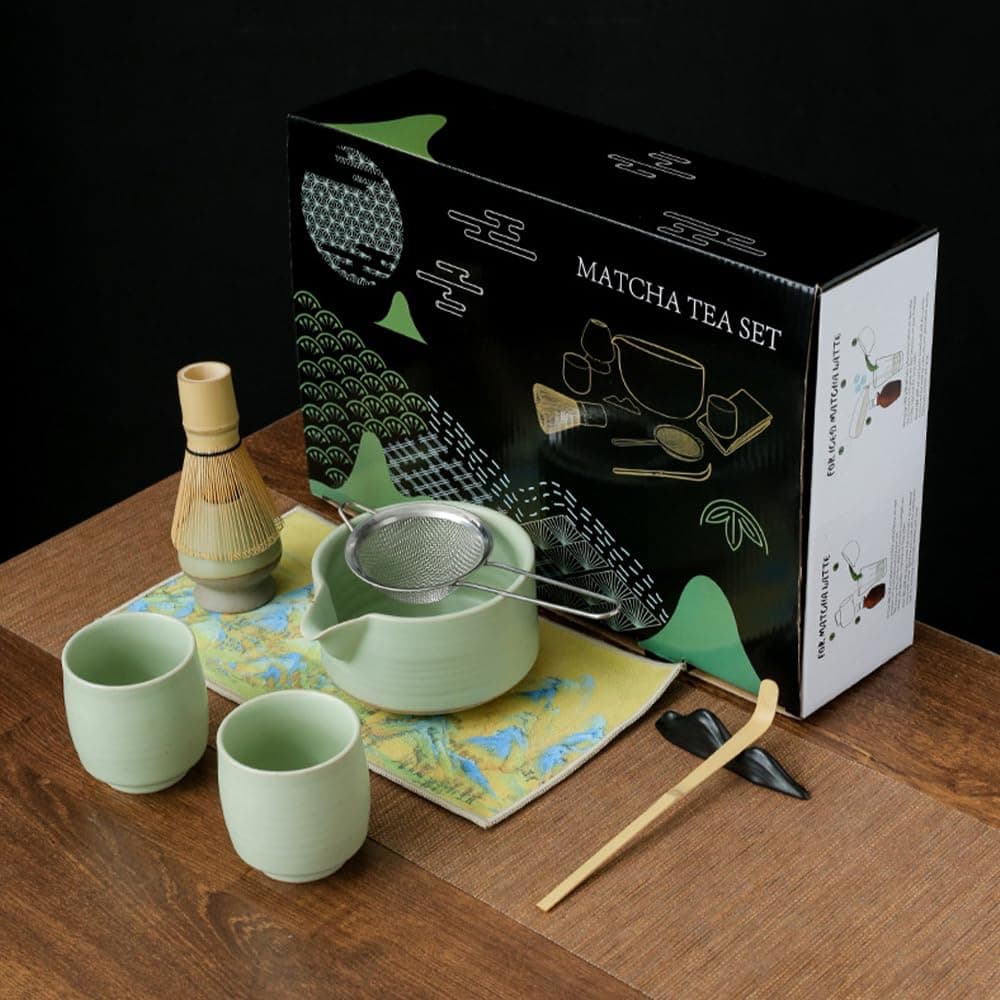 ALLSOLAMatcha Whisk Set, 9 pcs Ceramic Japanese Matcha Tea Set with Matcha Bowl/ 2 Cups/Whisk/Whisk Holder/Scoop/Tea Sifter/Coaster, Matcha Ceremony Accessory Handmade Tool for Matcha Lover