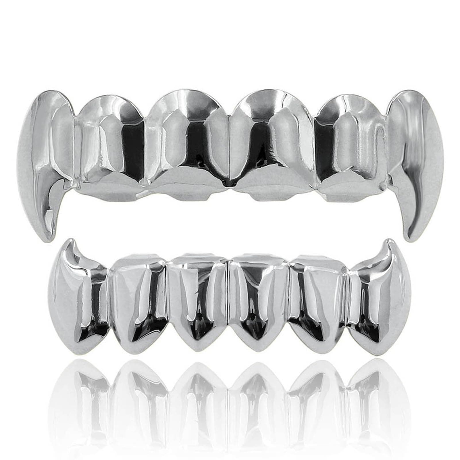 JINAO Vampire Teeth Fang Grillz 18K Gold Silver Plated Hip Hop Fangs Top Bottom Teeth Grills for Your Teeth Set for Men and Women