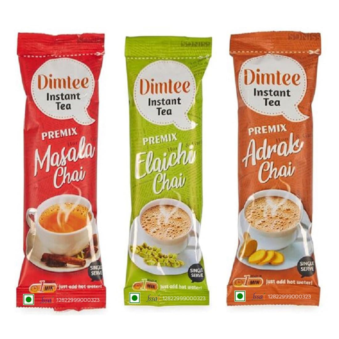 Chaizup Dimtee 1 Min Instant Assorted Tea Pack - 36 Sachets | Elachi, Masala & Adrak Flavours | 36 Servings | 3 Packs (12 Sachets Each) | 450g