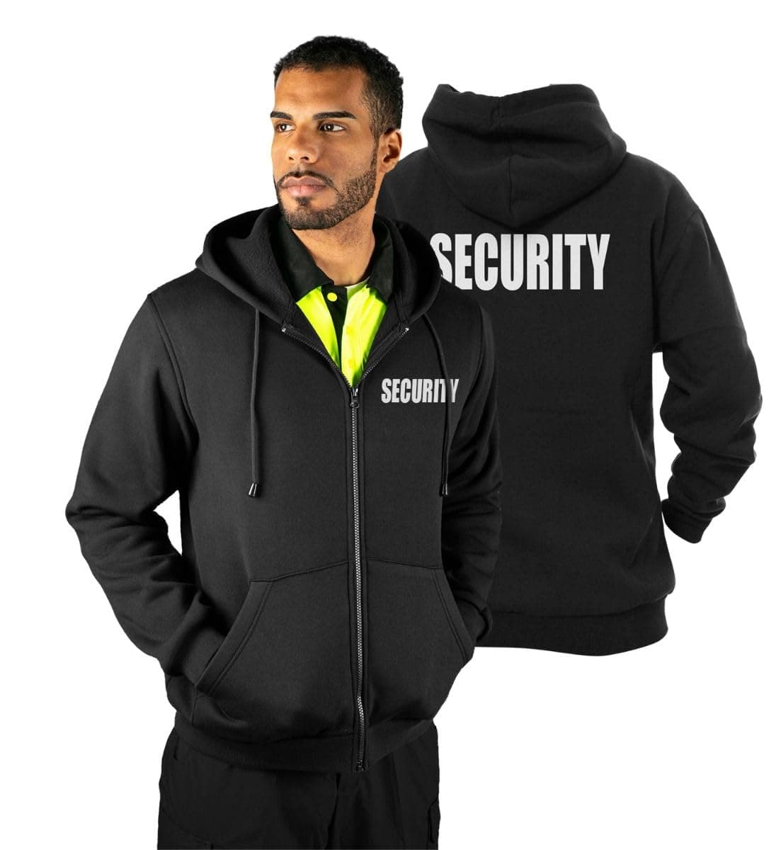 Men's Security Guard Silkscreen Front & Back Black Full Zip Hoodie, Fleece Hoodie.