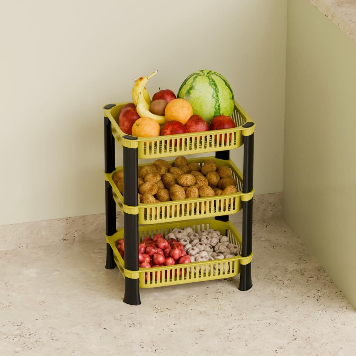 Multipurpose Plastic Storage Rack for Kitchen, Onion Potato Sabji, Fruit Corner Storage Stand Basket, Folding Rack, Countertop Kitchen Organizer Cart, Trolley Rack (3 Layer, Banana Yellow)