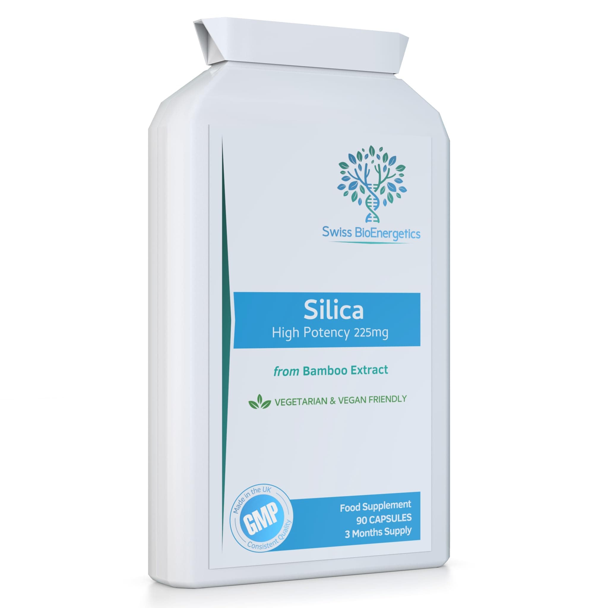 Silica 225mg - A Potent Highly Bioavailable Form - Naturally Sourced from Bamboo Extract - 90 One-A-Day Vegan Capsules – Exclusively Manufactured in The UK