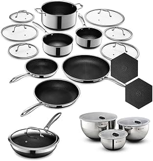 Hybrid Nonstick 19-Piece Cookware Set, 2, 3, and 8Qt Pots with Lids, 2 Silicone Trivets, 8", 10", and 12" Pans with Lids, 3-Piece Mixing Bowl Set, and 14" Wok with Lid, Stay-Cool Handles