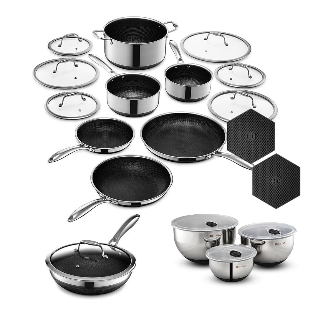 Hybrid Nonstick 19-Piece Cookware Set, 2, 3, and 8Qt Pots with Lids, 2 Silicone Trivets, 8", 10", and 12" Pans with Lids, 3-Piece Mixing Bowl Set, and 14" Wok with Lid, Stay-Cool Handles