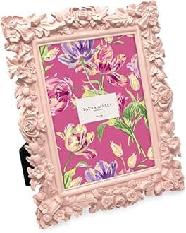 Laura Ashley 5x7 Pink Floral Textured Hand-Crafted Resin Picture Frame with Easel, for Tabletop & Wall Display, Decorative Floral Design Home Décor, Photo Gallery, Art & More (5x7, Pink)