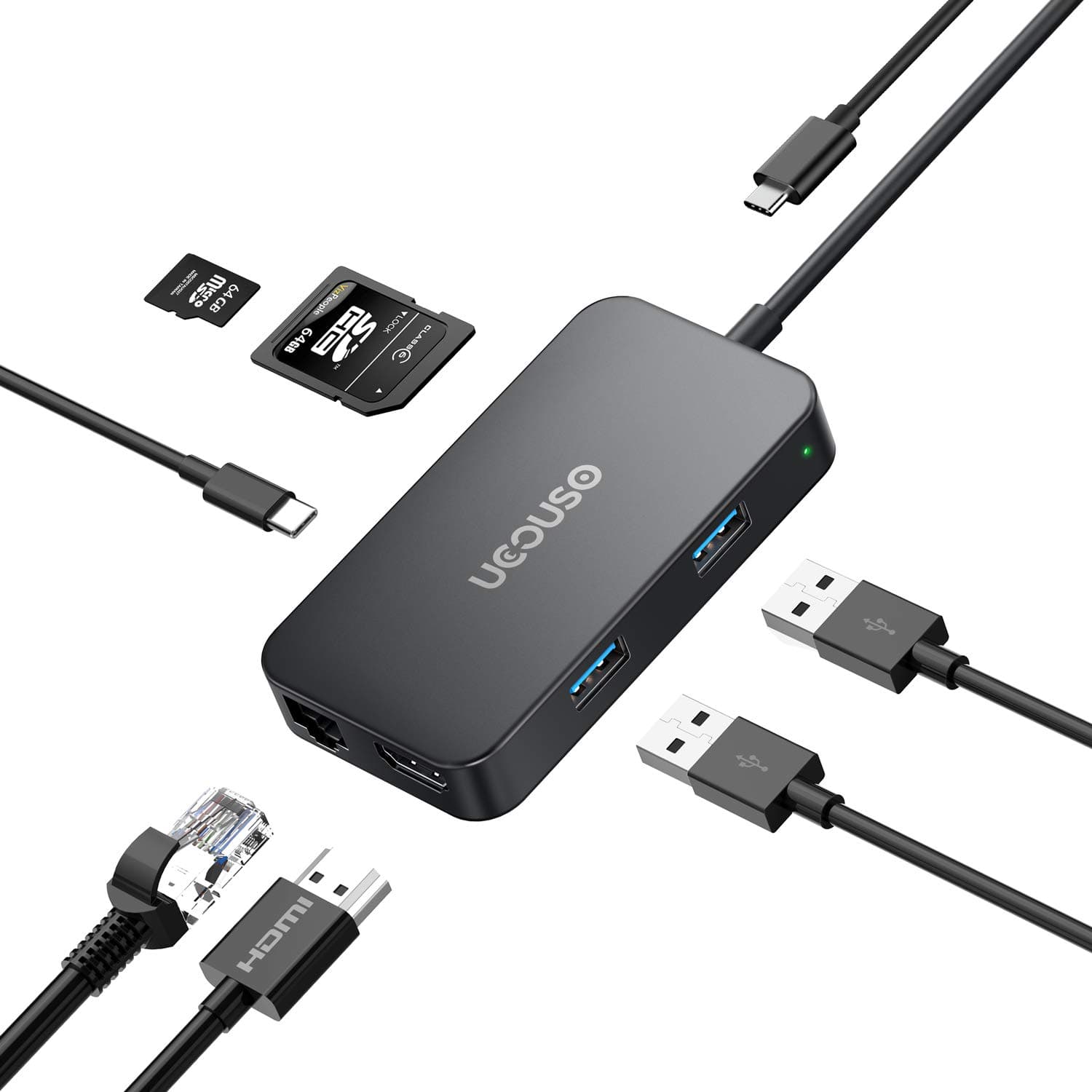 USB C HUB, UCOUSO 7 in 1 Portable USB-C Multiport Adapter to 1000M Ethernet, 4K USB C to HDMI, 2 USB 3.0 Ports, SD/TF Card Reader, PD2.0 for MacBook/Pro/Air 2016/2017/2018, ChromeBook, XPS, and More
