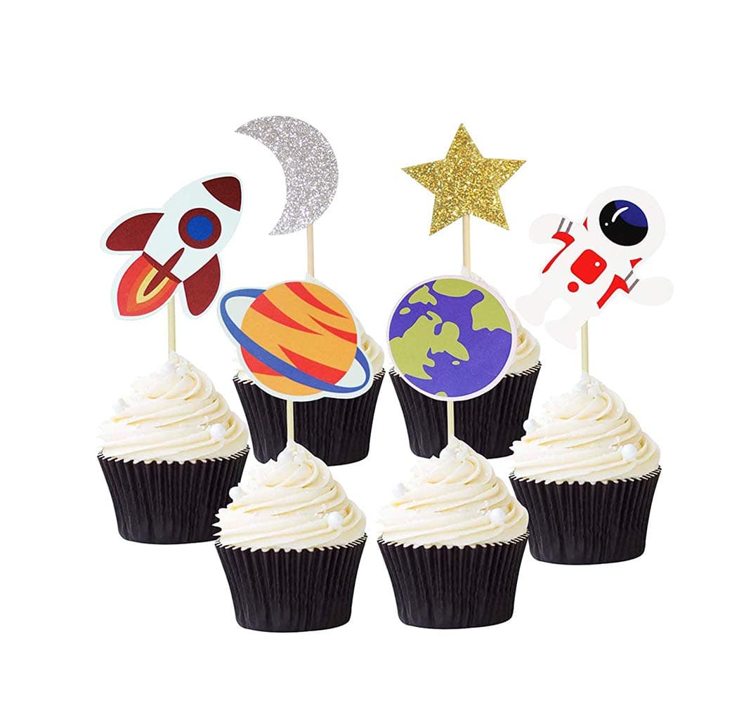 24PCS Outer Space Cupcake Toppers Planet Astronaut Earth Cupcake Picks Space Theme Kids Baby Shower Party Decorations Supliess