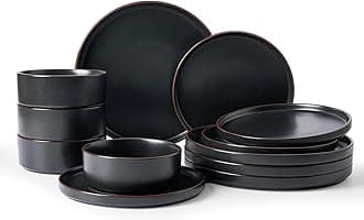 Famiware Nebula Ridge Stoneware Dinnerware Sets, Plates and Bowls Sets for 4, 12 Pieces Dishes Set, Microwave and Dishwasher Safe Kitchen Plates, Matte Black