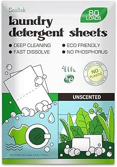 Soulink Laundry Detergent Sheets, 80 Count, Unscented, Plant-based, Eco-Friendly, No Plastic Jug, No Soap Strips, Hypoallergenic, Safe for Sensitive Skin