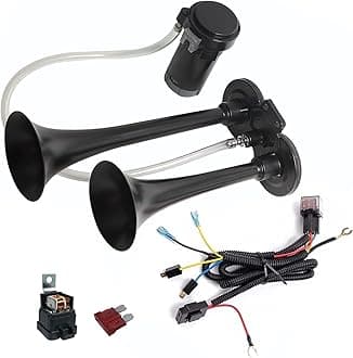 Train Horn for Truck 150db 12V,BANHAO Super Loud Truck Air Horn with Compressor, suitable for Any 12V Vehicles Train Car Ship Boat Lorry, 17 Inches (12V, Black 2 tube horns with wire)