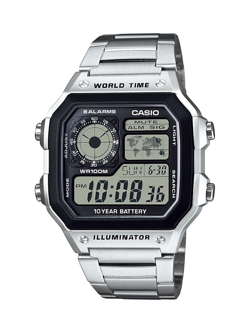 Casio AE1200WH Series | Men’s Digital Watch | 100M WR | Multi Alarms | 100 SEC Stopwatch | Countdown Timer | World Map for World Time | LED Light | LC Analog Display | 10 Year Battery