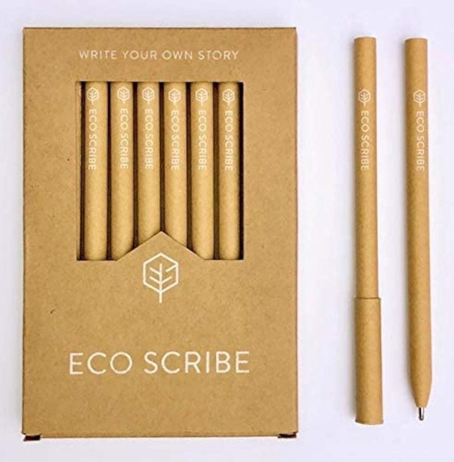 ECO SCRIBE - 100% PLASTIC FREE, Environmentally Friendly Kraft Paper Pens, Pack of 10, Black Ink Ballpoint Biros, Recyclable, Biodegradable, Multipack Box for School, Eco Stationery Gift Set