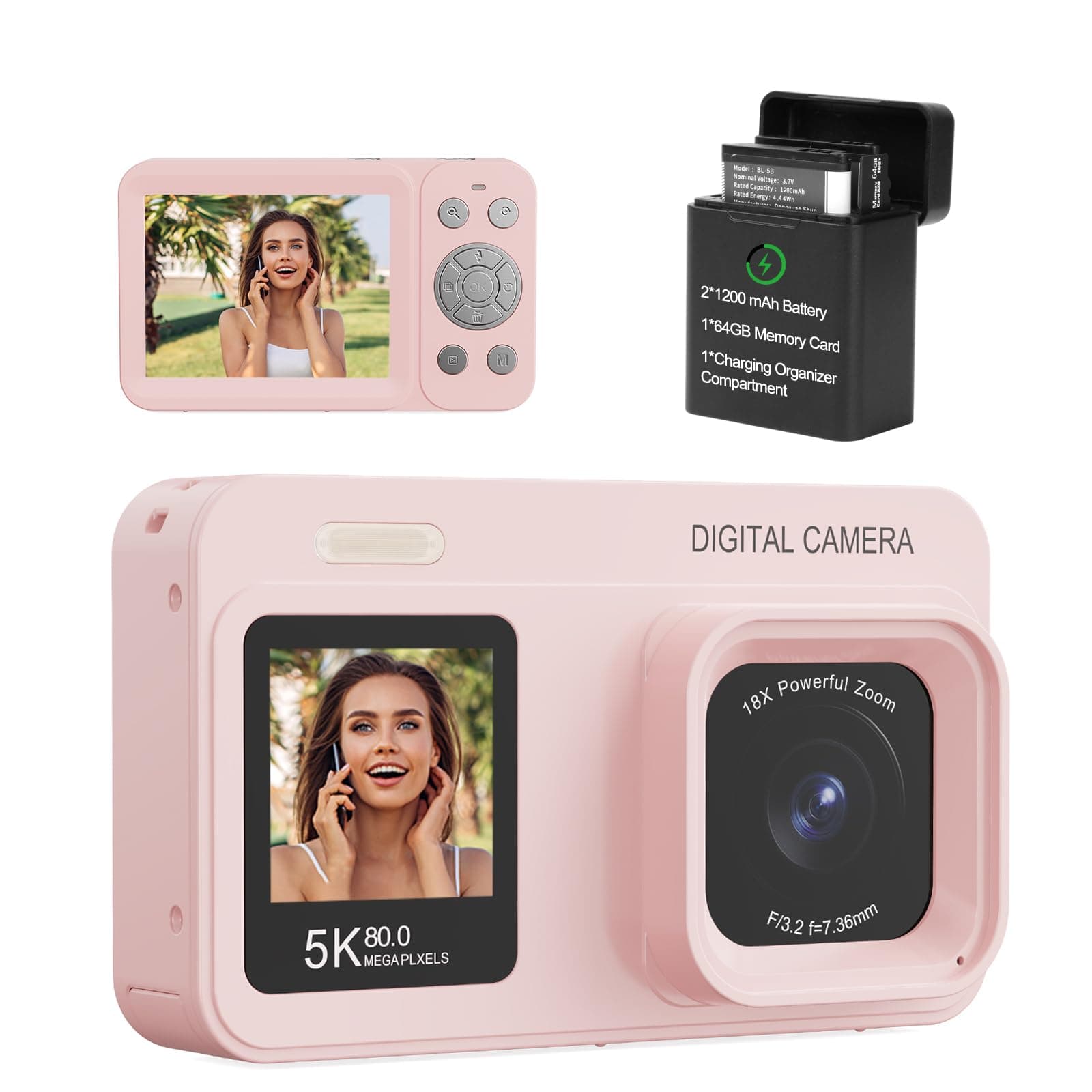 Upgraded 5K Dual Screen Digital Camera,80MP Vlog Photography Camera for YouTube,Campus,Travel,Compact Point & Shoot Camera for Teens & Beginners with Autofocus,18x Zoom,Anti-Shake,Pink