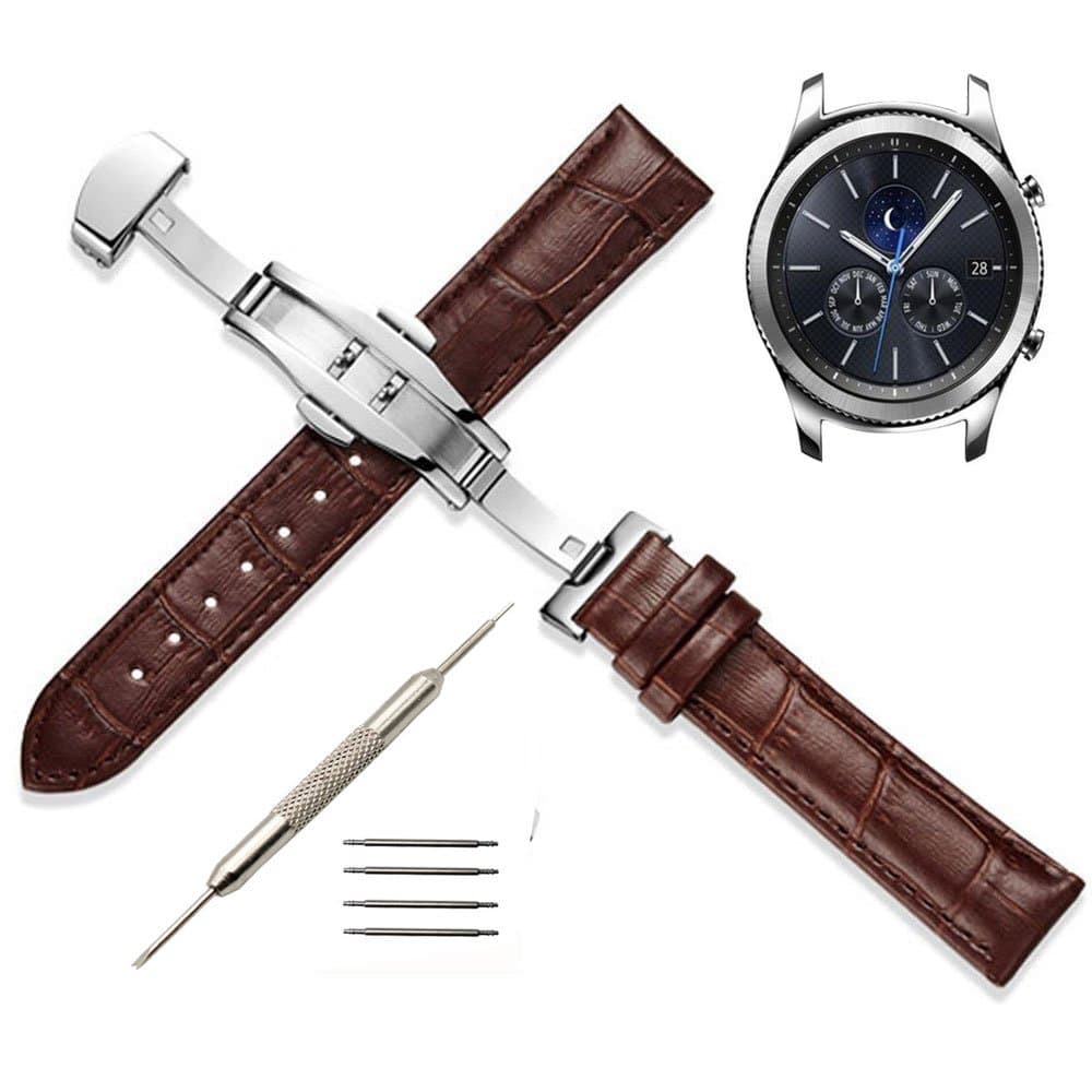22mm Genuine Leather Watch Band - Replacement Strap for Samsung Gear S3 Frontier/S3 Classic/Moto 360 2nd Gen 46mm Smart Watch (Brown)