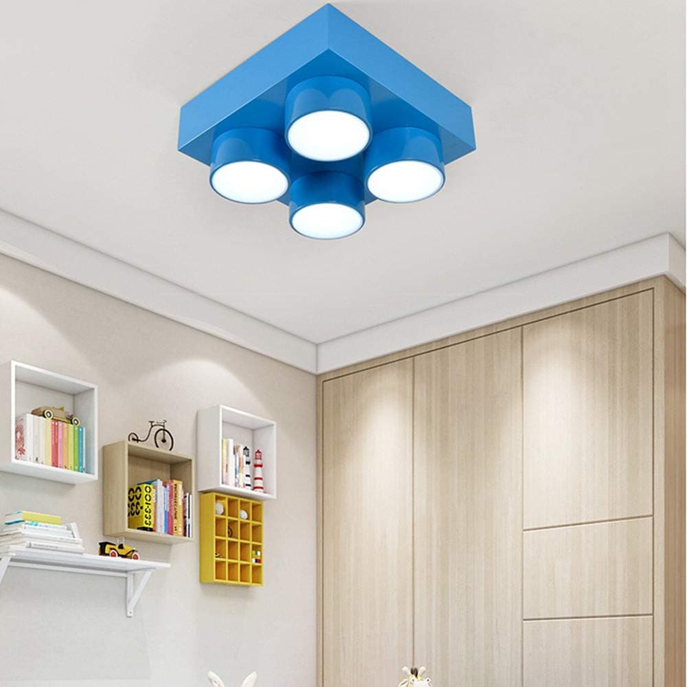 Modern Children Room Flush Mount Ceiling Light Fixture Acrylic Creative Colorful Block Toy Shape Kids Room Close to Ceiling Lighting for Kids Bedroom Kindergarten Playground (Square,Blue)