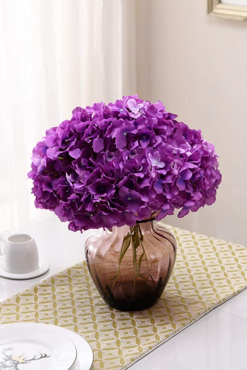 Well Art Gallery Hydrangea Silk Flowers Large Artificial Flowers with Stem Fake Champagne Flower Heads for Wedding Centerpiece Home Decor (Purple, 5)