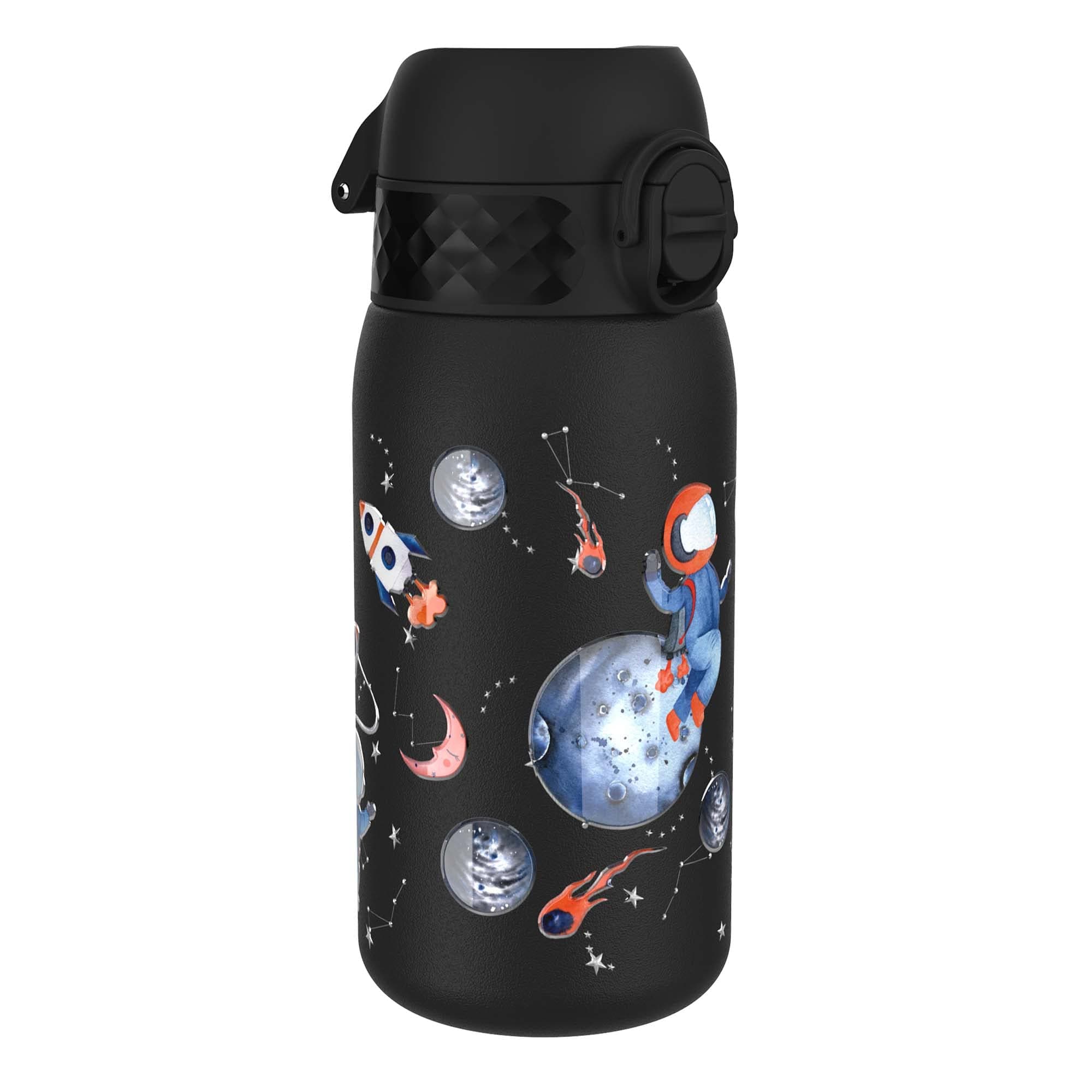 Ion8 Small Water Bottle, Leak Proof, Easy to Open, Secure Lock, Dishwasher Safe, Flip Cover, Carry Handle, Easy Clean, Durable, Water Bottle, Raised Print, Space Travel