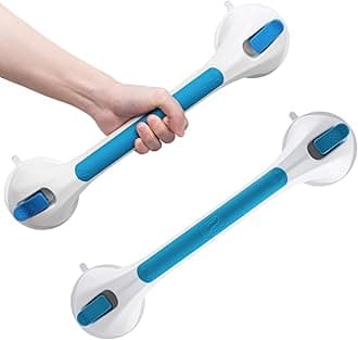LEVERLOC Grab Bar for Seniors, 17 Inch 2 Pack Suction Grab Bars for Bathtubs and Showers, Shower Handles for Elderly Suction Bathroom Safety Grip,Removable Drill Free Waterproof, Blue