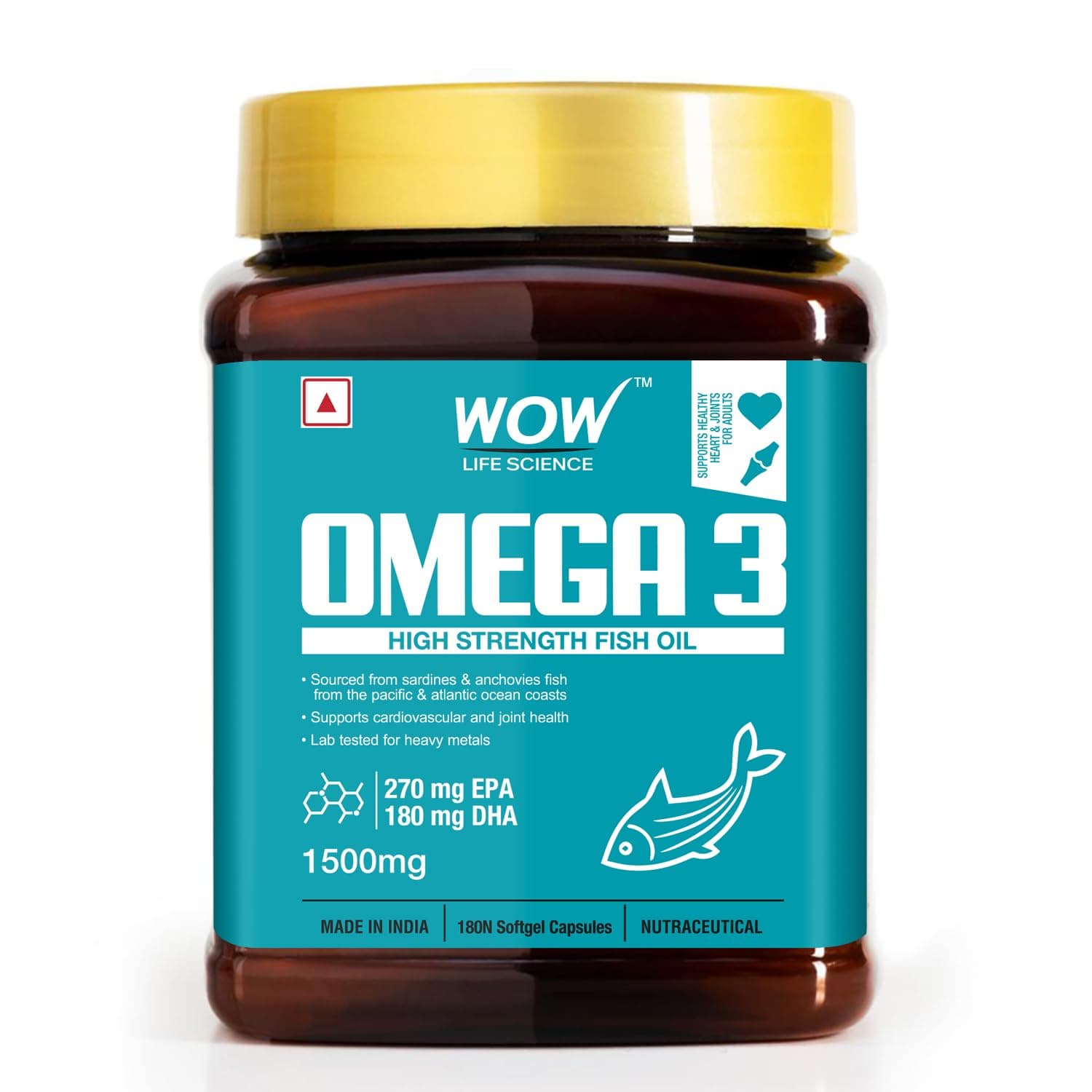 WOW Life Science Omega 3 Fish Oil Capsules | Regular Strength 1500 mg with 270 mg EPA and 180 mg DHA | For Heart, Joints, Eye and Brain Health | 180 Capsules