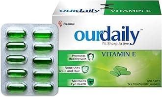 OurDaily Vitamin E Capsules for Face & Hair by Piramal | 400mg | 120 capsules | 12 Strips | Vitamin E Tablet for Beautiful Glowing Face, Healthly Skin, Hair & Eyes Nutrition