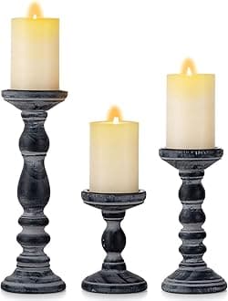Romadedi - Set of 3 Decorative Wooden Candle Holders, Rustic Wood Candle Holder for Fireplace, Side Table Shelf in Farmhouse Style, Black 6" 8.3" 12"