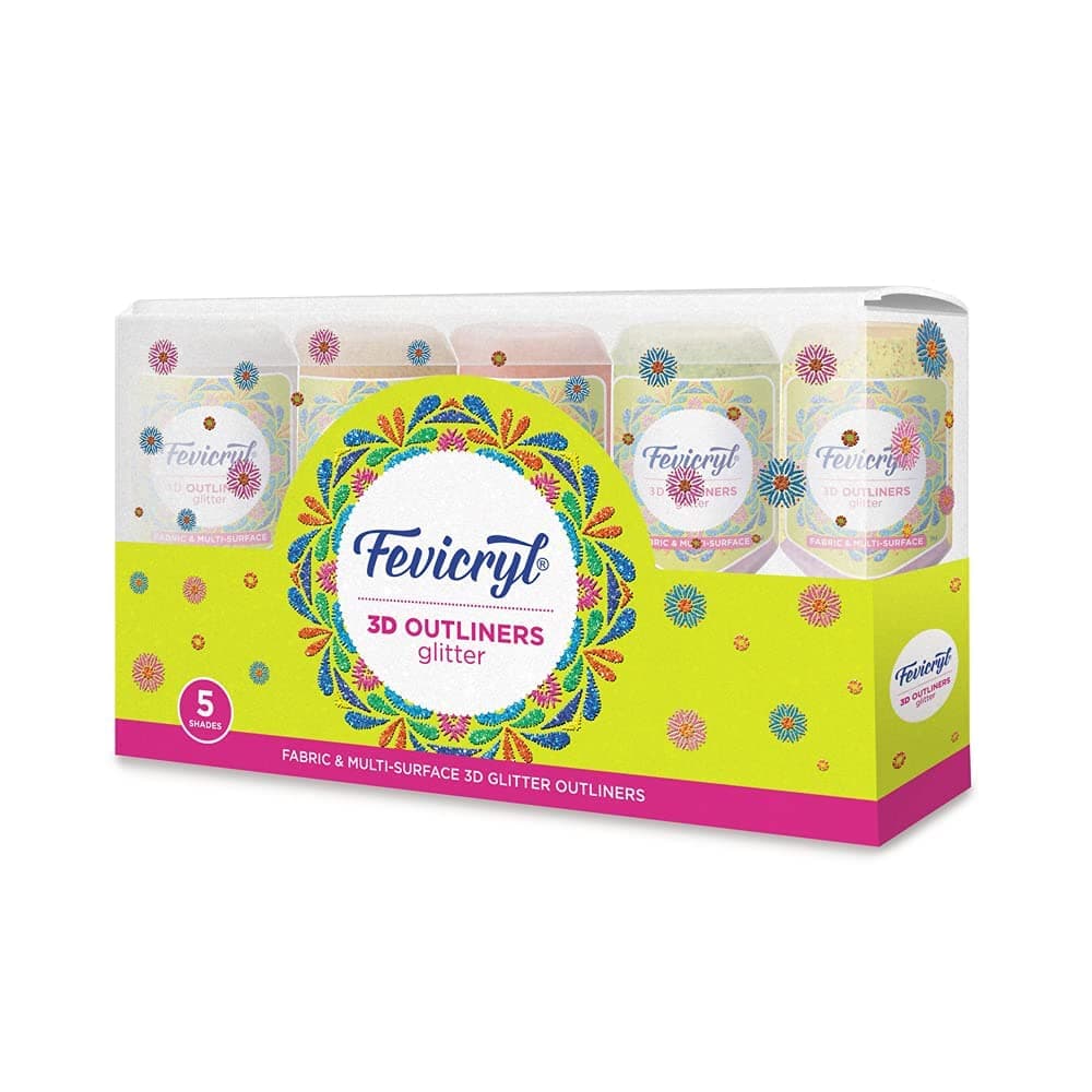 Fevicryl 3D Outliners Glitter Kit 20ml X 5 Fabric And Multi-Surface 3D Outliners Assorted Pack, Multi Colour Diy Art & Craft Ideal For Artists, Gifting