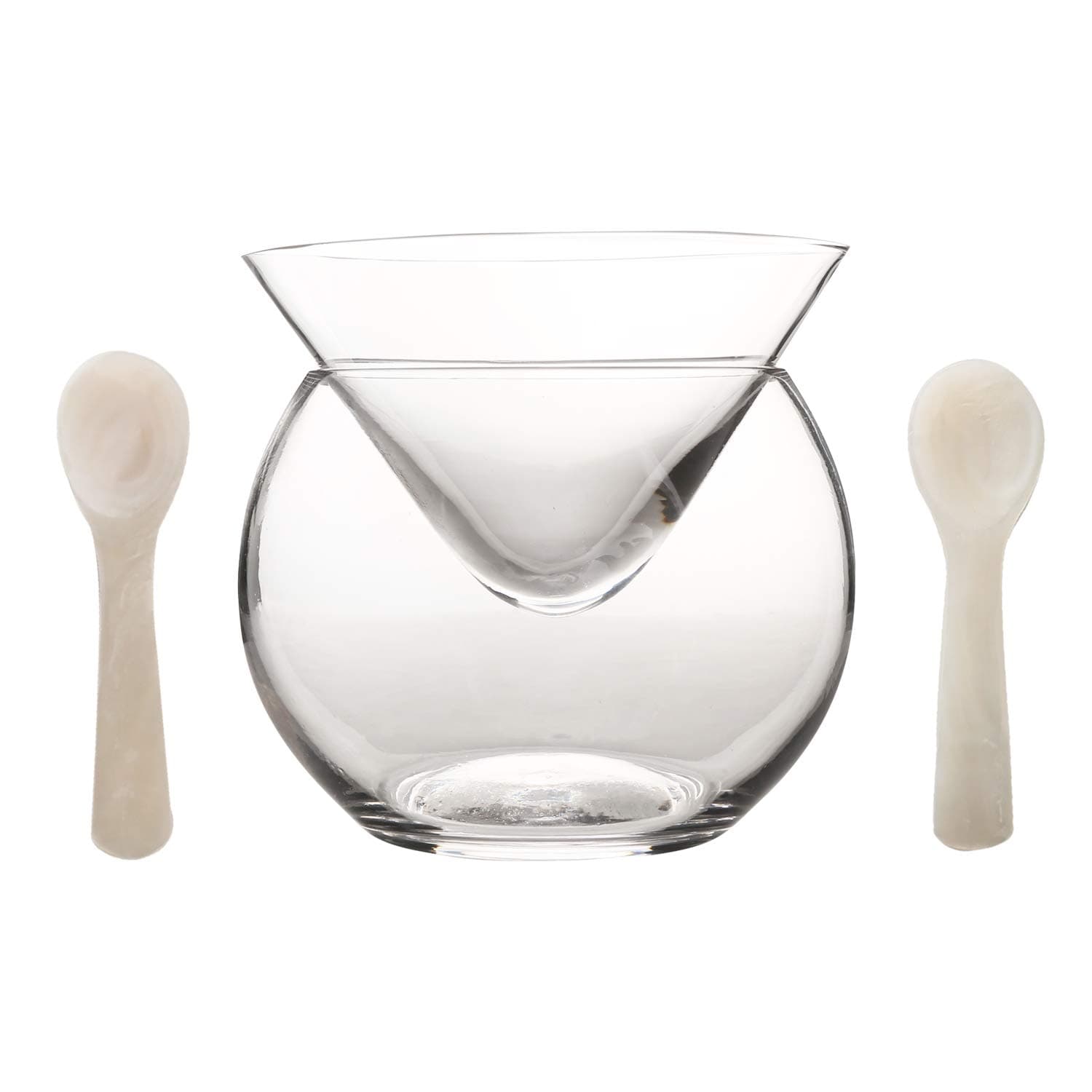 Glass Caviar Chiller Server Set Plus 2 pcs. x Mother of Pearl Caviar Spoon 3.15" ââ‚¬â€œ Universal Martini, Wine, Liquor Cocktail Chiller