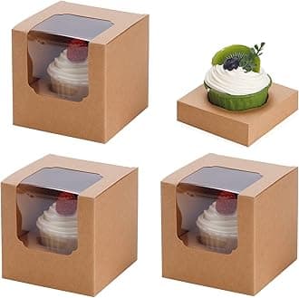NPLUX 50 Pcs Cupcake Boxes Individual Cupcake Containers Pre-Assembled Single Cupcake Boxes 3.5"x3.5"x3.5" with 50 Pcs Inserts for Cupcakes Muffins Party Favors(Brown)