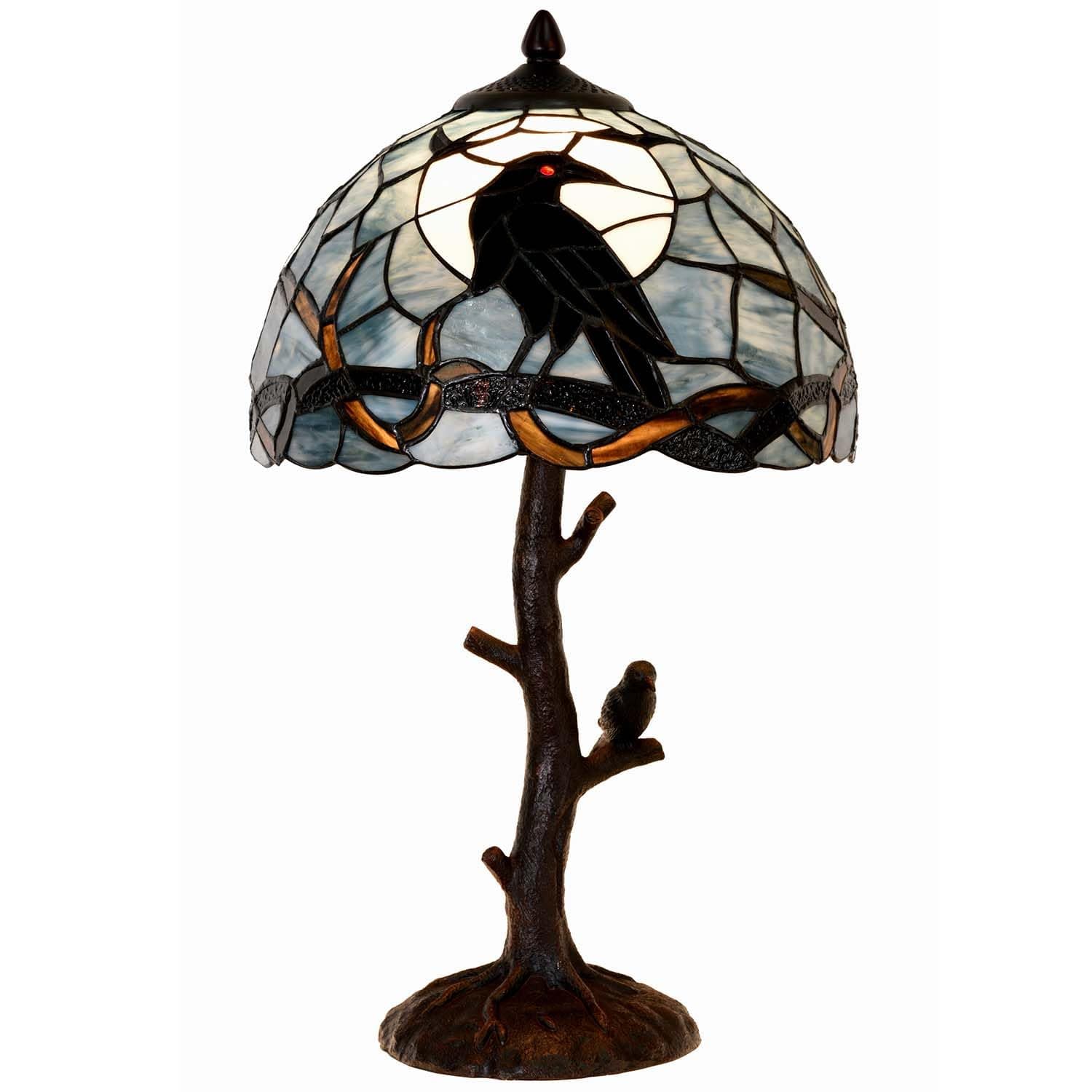 L10956 Raven Sitting on Bare Tree Branch in Full Moon Night Tiffany Style Stained Glass Table Lamp for Home Decor (Dark Blue, 12Wx20H)