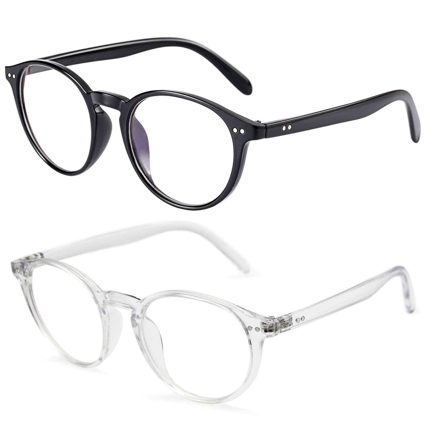 Blue Light Blocking Glasses, Vintage Round Reduce Headache Anti Eyestrain Tablet Reading/Gaming/Phones Glasses, Men/Women (Black&Transparent)