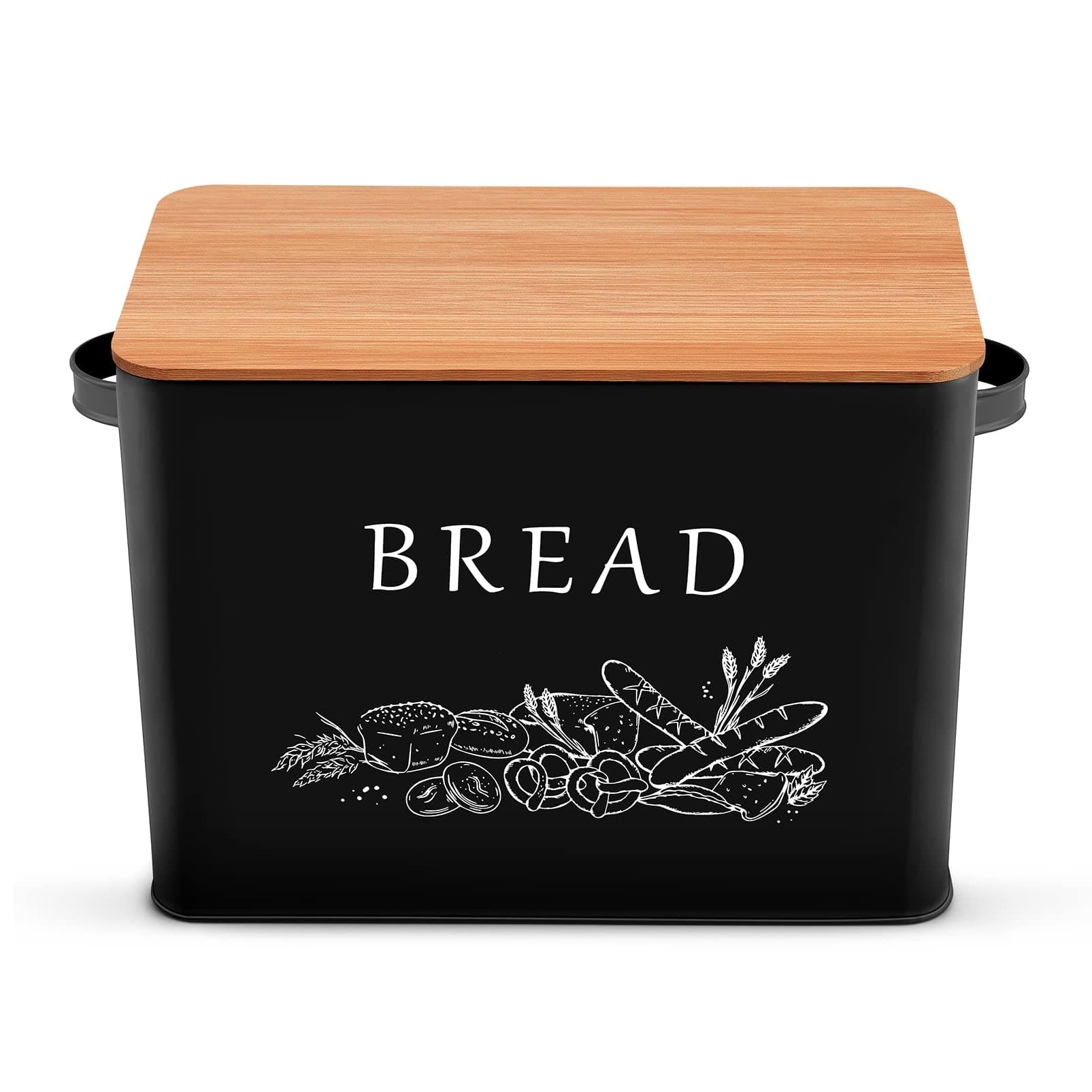 P&P CHEF Bread Box for Kitchen Counter, Metal Bread Storage Bin with Wooden Cutting Lid, Large Capacity for Holding 2+ Loaves, Retro Modern Style, Size 13” x 7.2” x 9.7”, Black