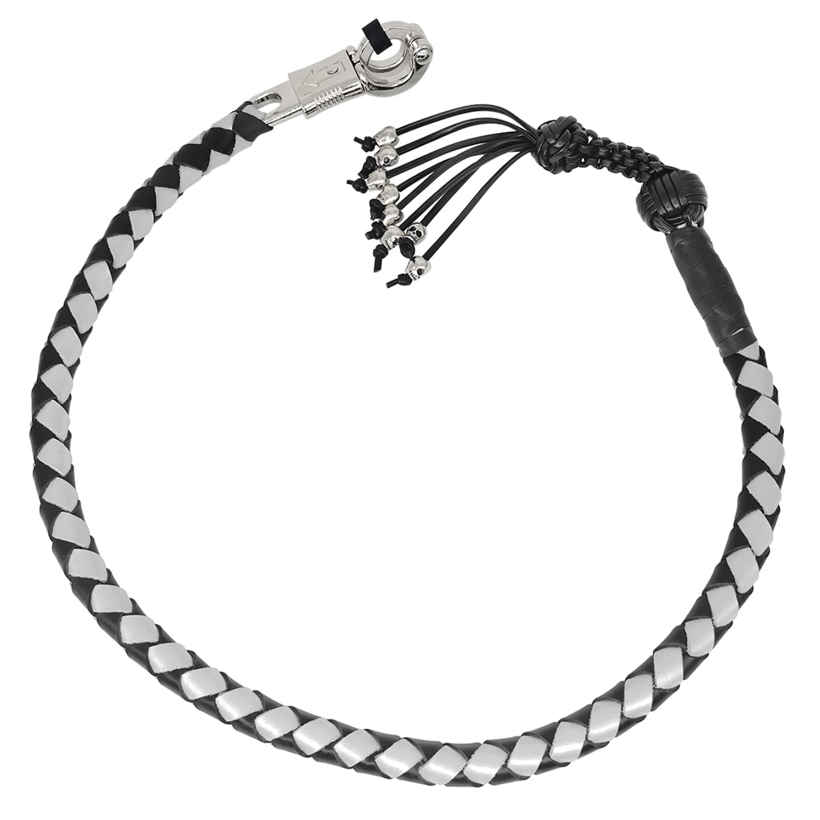 36" Motorcycle Get Back Whip Genuine Leather Biker Whip for Handlebar, Motorcycle Whip with Fringes and Skulls, Black and Silver