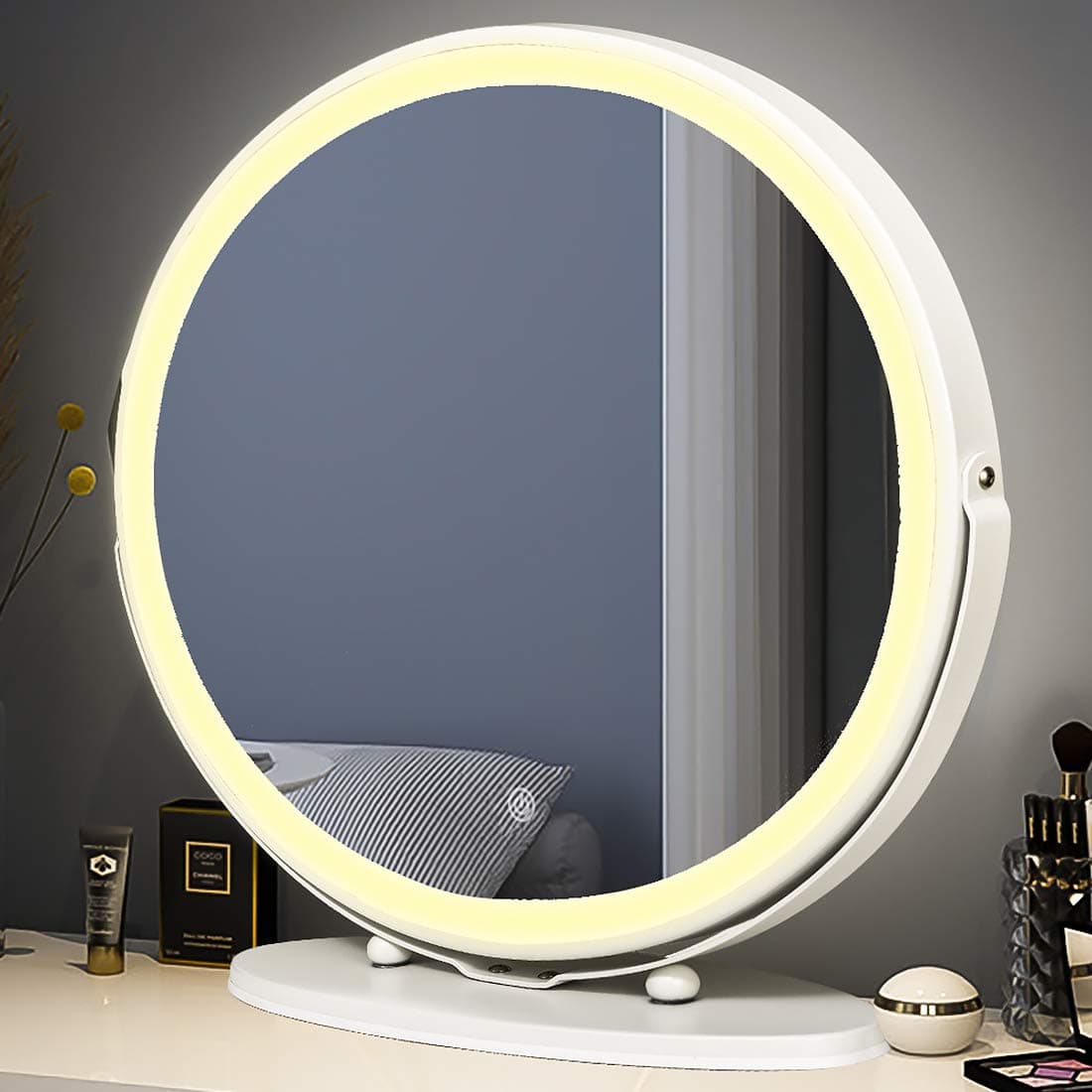 MYSELFLY 19" Make Up Mirror Backlit Vanity 3 Color LED Lights Lighting Modes w/Dimmable LED Strip Touch Screen for Bedroom Bathroom Dressing Room 360° Rotation Tabletop White