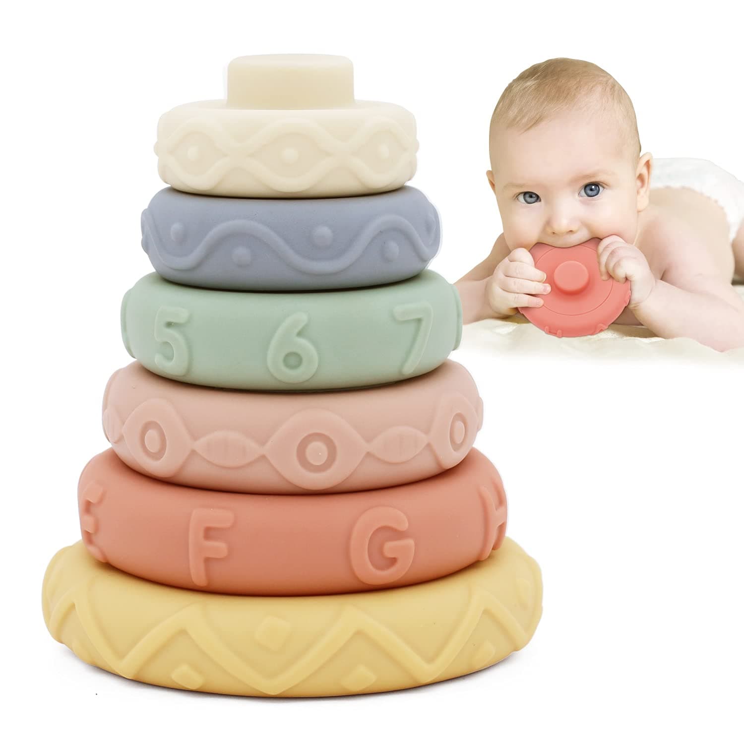 MARUMINE6PCS Stacking Cricle Toys, Nesting & Building Rings Stacker, Soft Silicone Squeeze Teethers Play Set, Early Educational Learning Stacking Tower for 6+ Months Baby Boys Girls