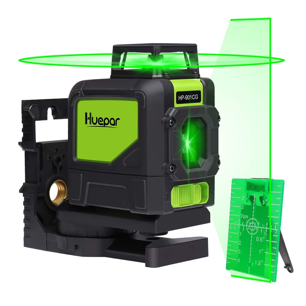 Huepar 901CG 360 Laser Level Green Switchable Cross Line Self Leveling with Pulse Mode, 1X 360 Degree Horizontal Line + 130 Degree Vertical Large Fan Angle, with Magnetic Rotary Base & Targe Card