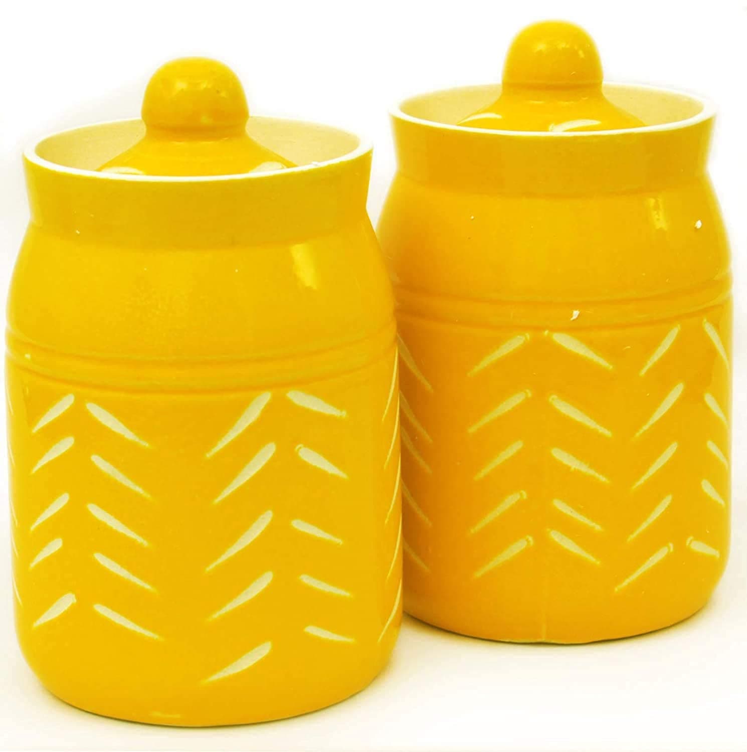 Ceramic Jar With Lid Unique Design Food Storage Container In Yellow (Jar Yellow 500Ml Pack Of 2), Brown