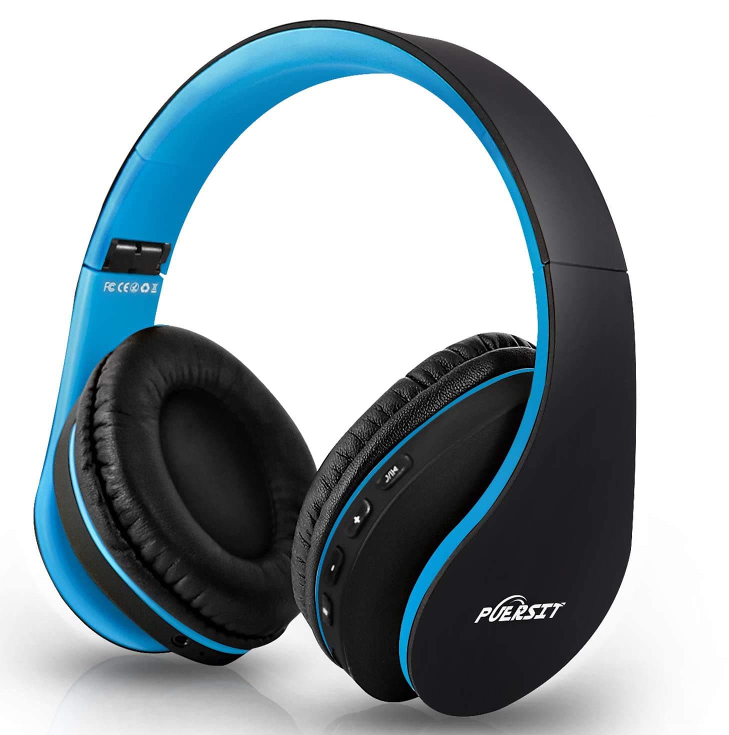Puersit Wireless Headphones Over Ear Stereo Foldable Headset Bluetooth and Wired Modes, Soft Memory-Protein Earmuffs for Mobile Phone TV PC Laptop (Black-Blue)