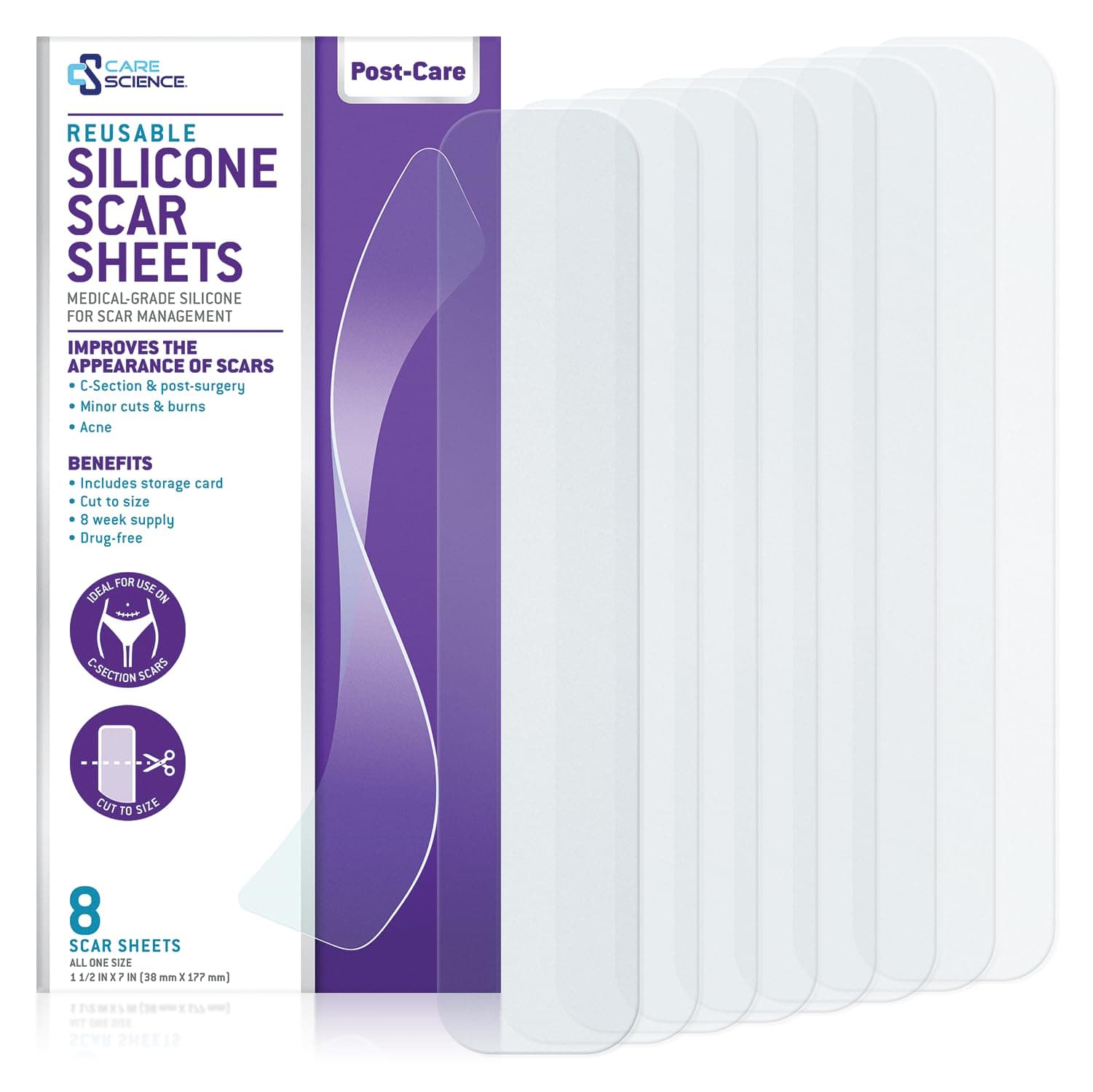 Care Science C Section Recovery Silicone Scar Sheets 1.5in x 7in 8ct | Reuseable Scar Sheets for Reducing the Appearance of C-Section, Keloid, and Acne Scars
