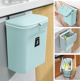 Tiyafuro 2.4 Gallon Kitchen Compost Bin for Counter Top or Under Sink, Hanging Small Trash Can with Lid for Cupboard/Bathroom/Bedroom/Office/Camping, Mountable Indoor Compost Bucket