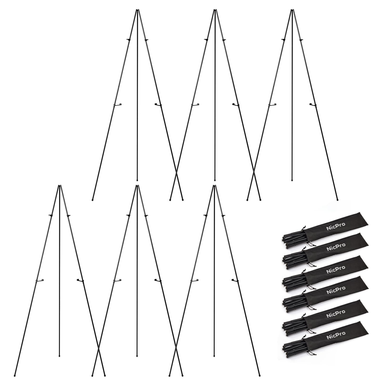 Nicpro Art Folding Easels for Display, 6 Pack 63 Inches Metal Floor Easel Stand Bulk Tripod Black Collapsible for Sign Artist Poster Wedding | with Carry Bag