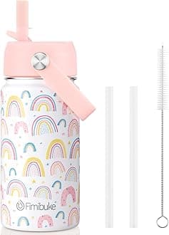 Fimibuke Kids Insulated Water Bottle, 14oz BPA FREE 18/8 Stainless Steel Travel Tumbler Double Wall Vacuum Leak Proof Kids Cup with Straw Metal Water Bottle for School Boys Girls(1 Pack, Rainbow)