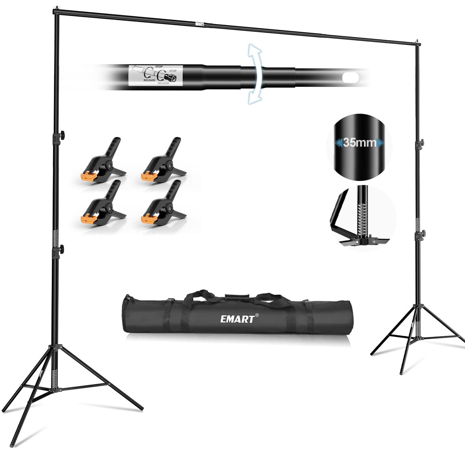 EMART Backdrop Stand 3 x 3m/ 10 x 10 ft, Heavy Duty Background Support Adjustable Photography Frame Kit for Photo Video Studio